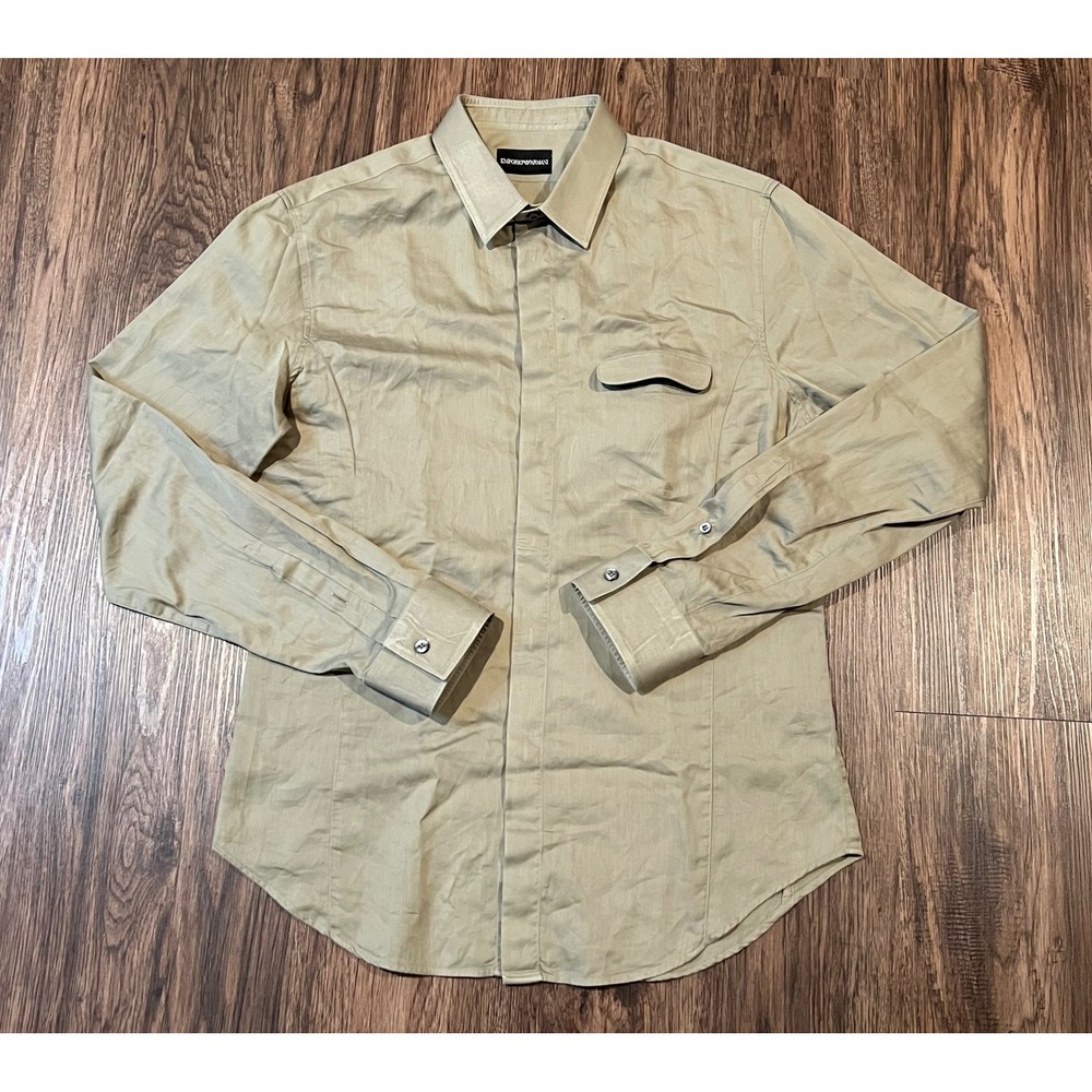 Emporio Armani Mens Cotton Button Up Shirt Khaki Tan Olive Long Sleeve Size L